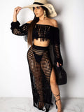 Full Size Crochet Off-shoulder Fringe Top Skirt Set Plus