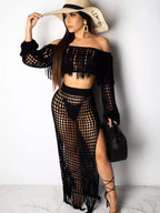 Full Size Crochet Off-shoulder Fringe Top Skirt Set Plus