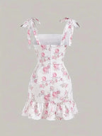 Ruffled Hem Floral Tie-strap Mini Dress (2)