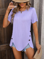Decorative Button Round Neck Short Sleeve Blouse (5)