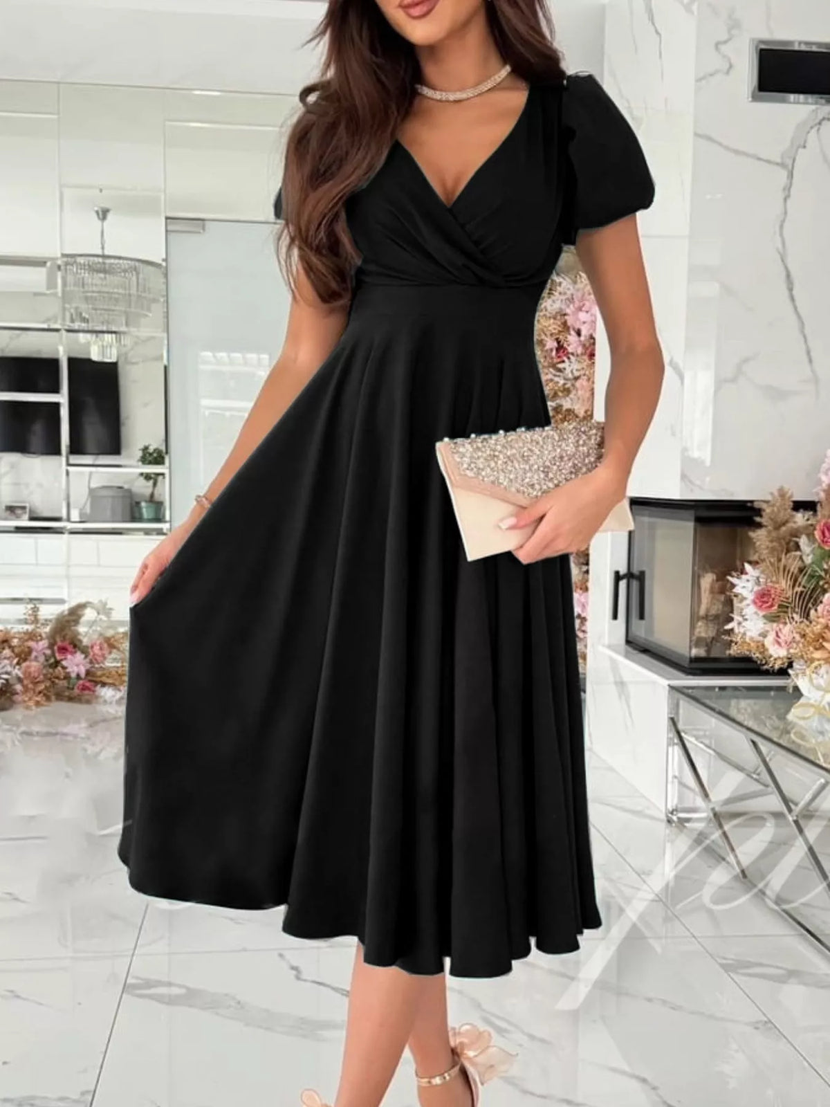 Surplice Puff Sleeve Midi Dress (4)