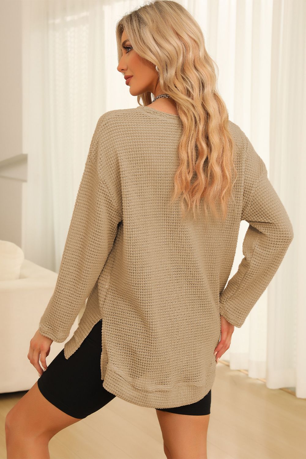 Waffle-knit Round Neck Long Sleeve Sweatshirt (21)