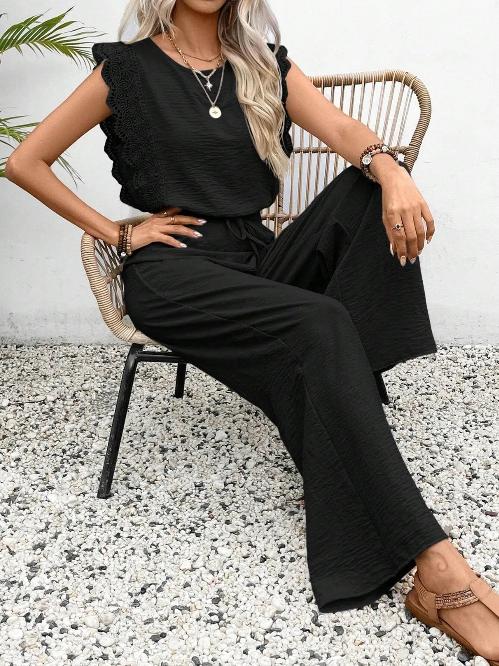 Lace Trim Round Neck Top Pants Set (15)