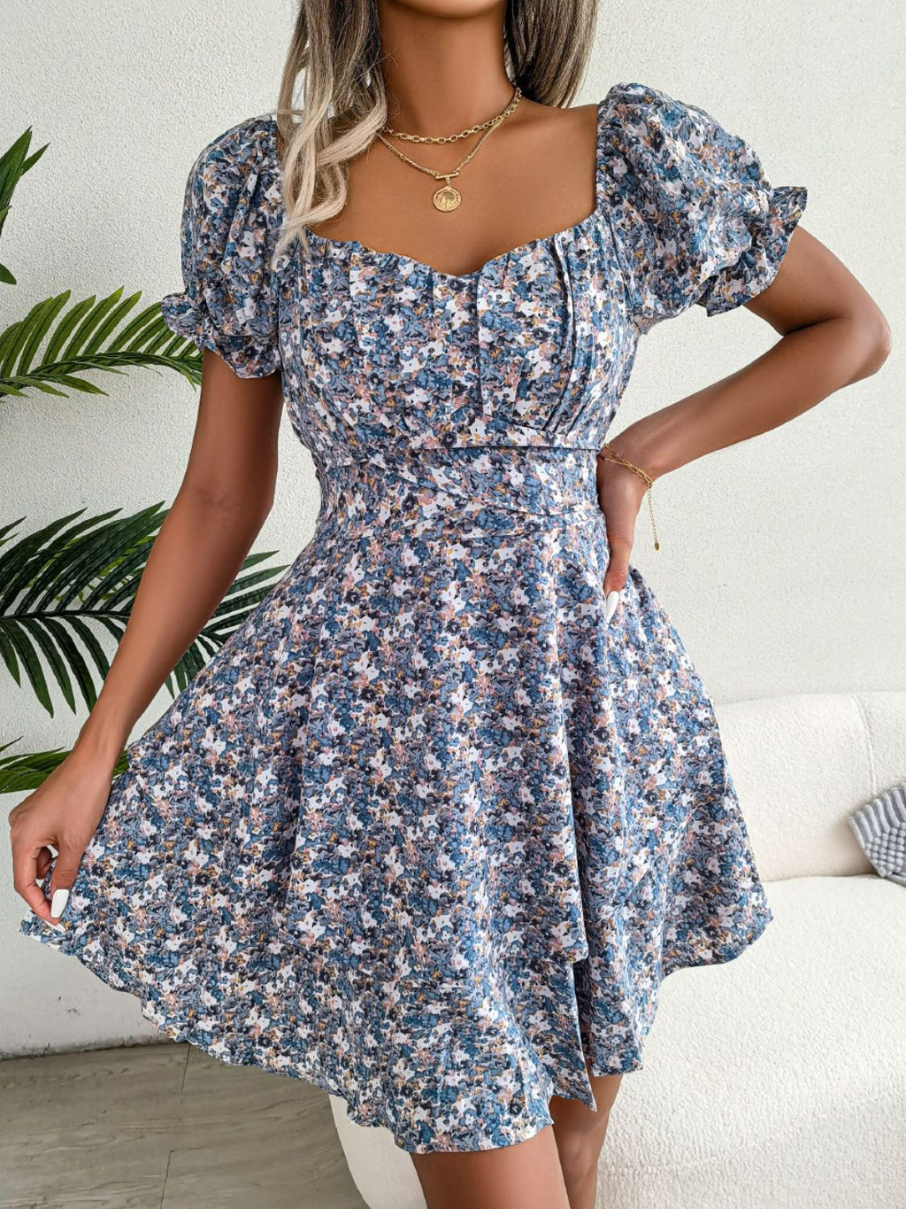 Floral Sweetheart Neck Flounce Sleeve Mini Dress (4)