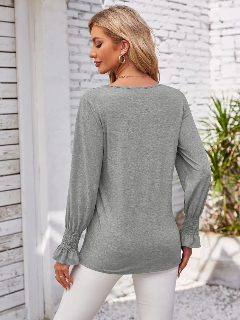 Smocked V-neck Long Sleeve Blouse (15)