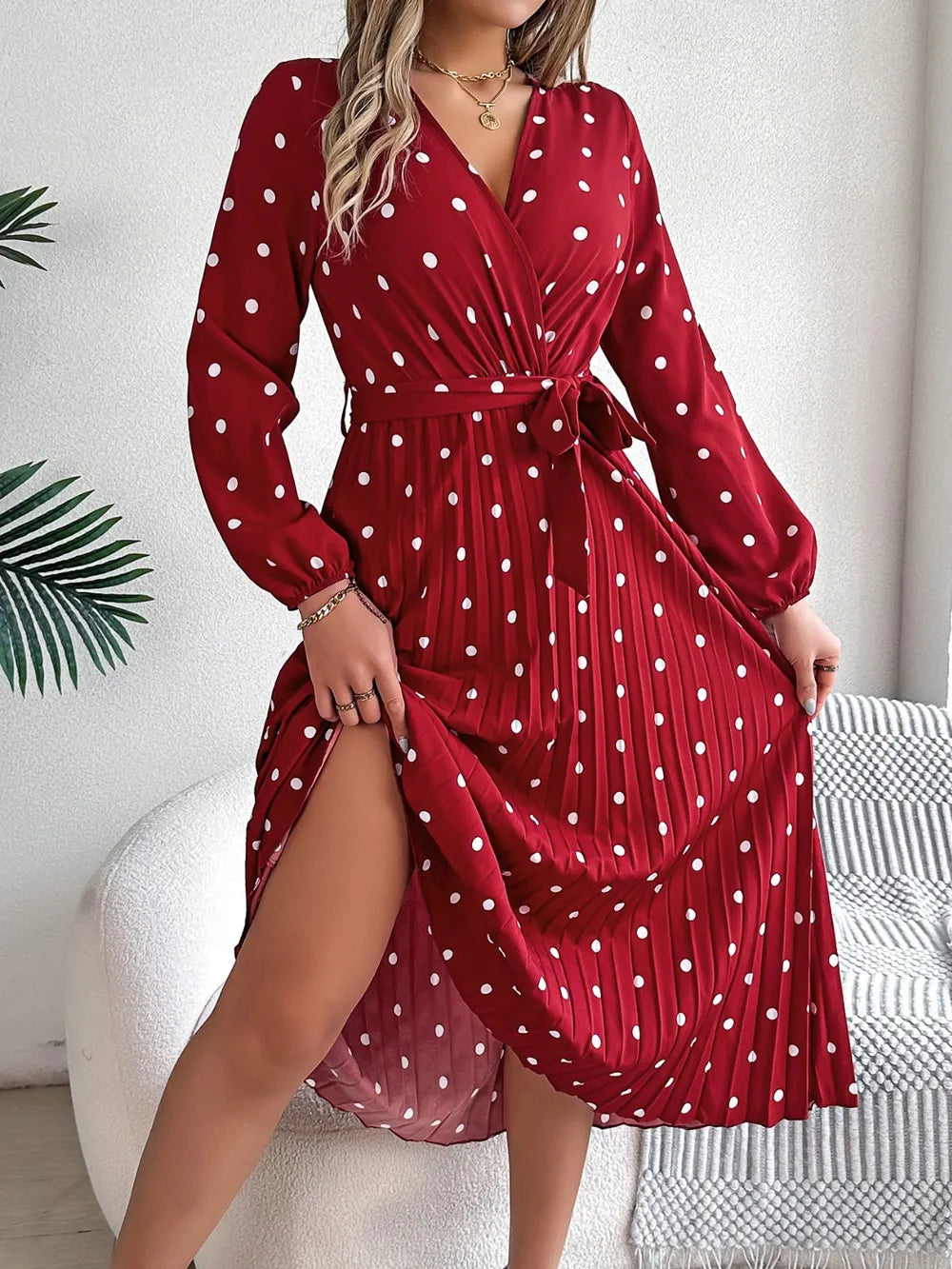 Tied Polka Dot Long Sleeve Midi Dress (22)