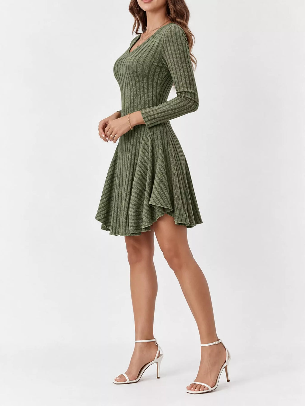 V-neck Ribbed Knit A-line Dress (2)