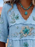 Full Size Floral Raw Hem V-neck Blouse Plus (2)