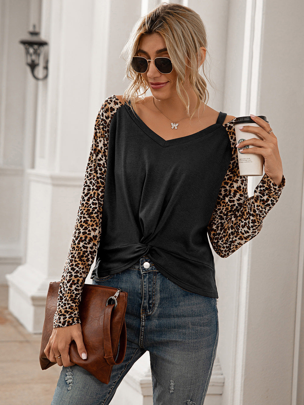 Leopard Twist Front Cold-shoulder Tee (2)