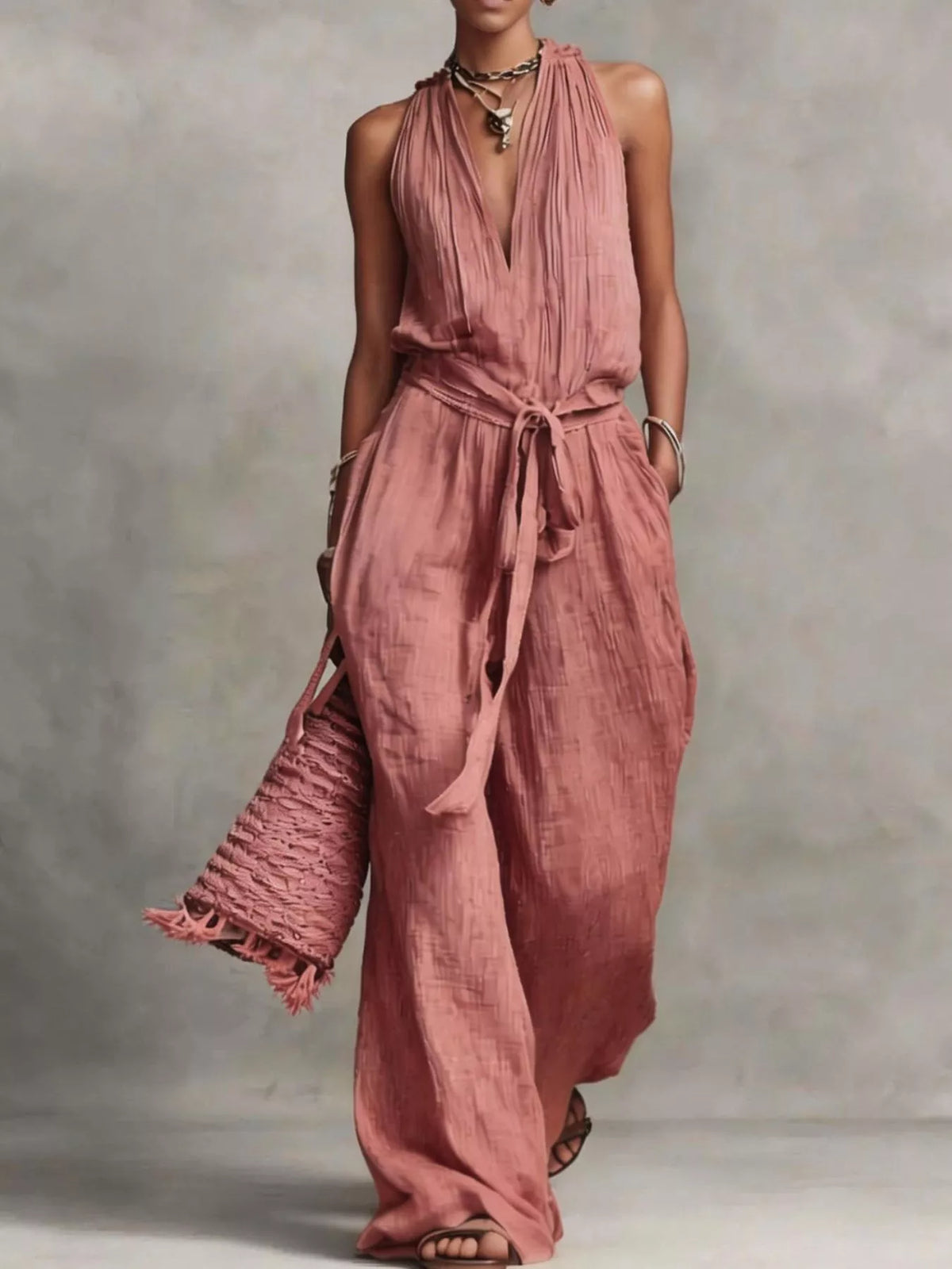 Sleeveless Wide-leg Jumpsuit Tie-waist (9)