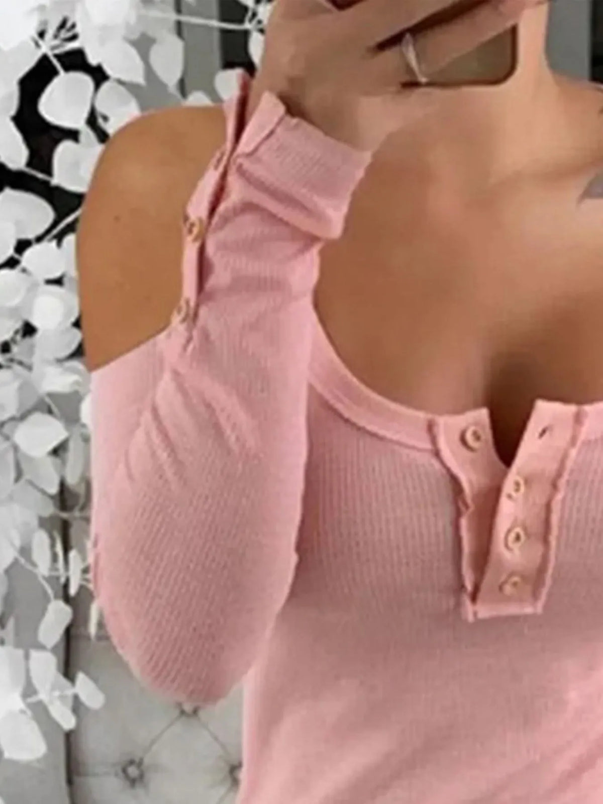 Cold Shoulder Ribbed Henley T-shirt Button Detail (3)
