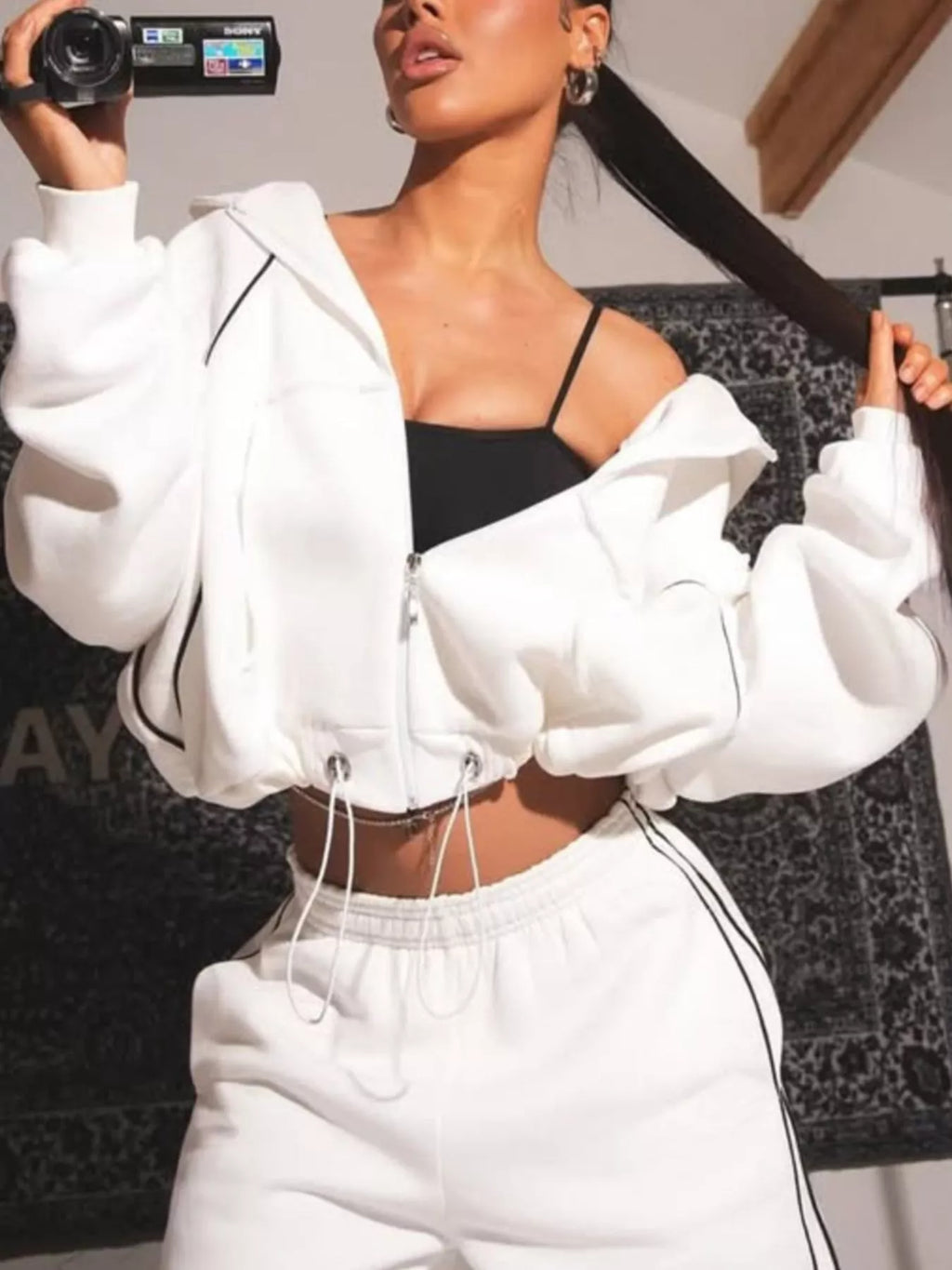 Cropped Zip-up Hoodie Wide-leg Sweatpants Lounge Set (2)