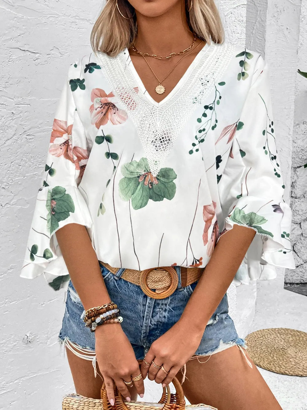 Ruffled Printed V-neck Half Sleeve Blouse (6)