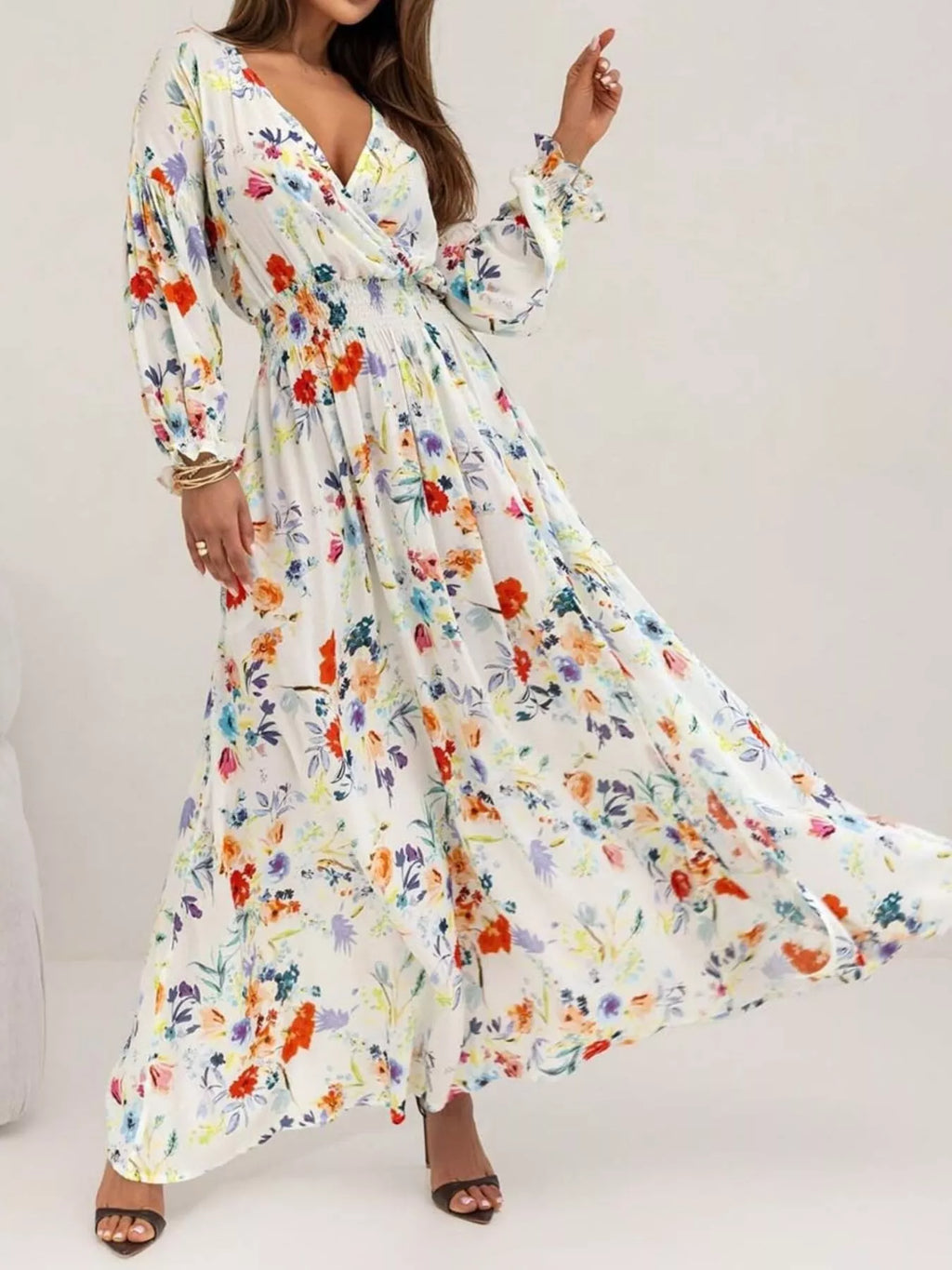Bohemian Printed Maxi Dress Plunging Neckline (9)
