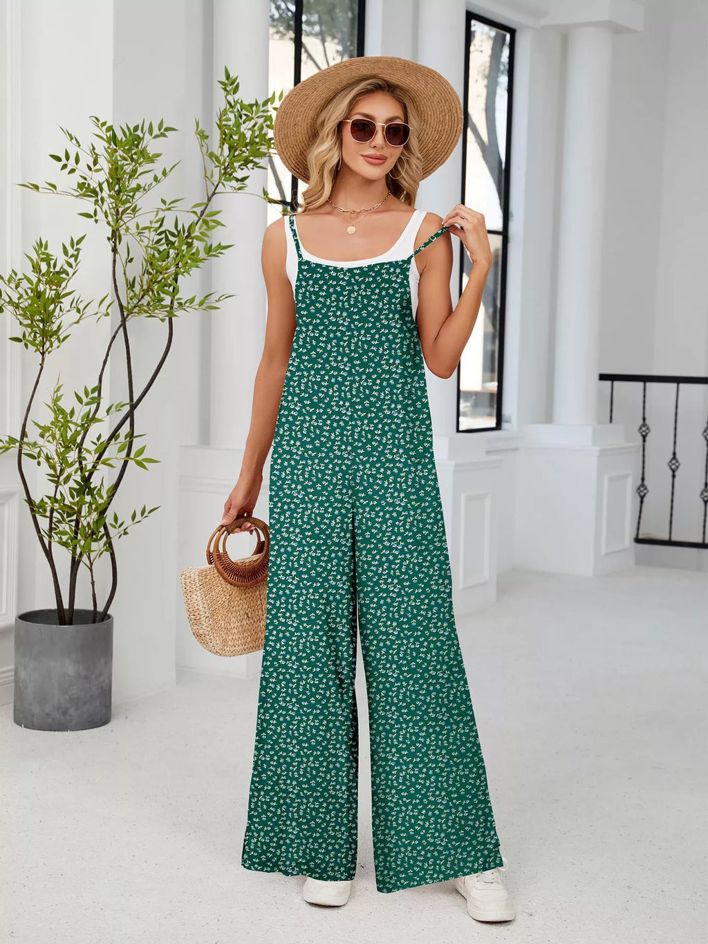 Full Size Floral Print Wide Leg Casual Jumpsuit Plus (10)