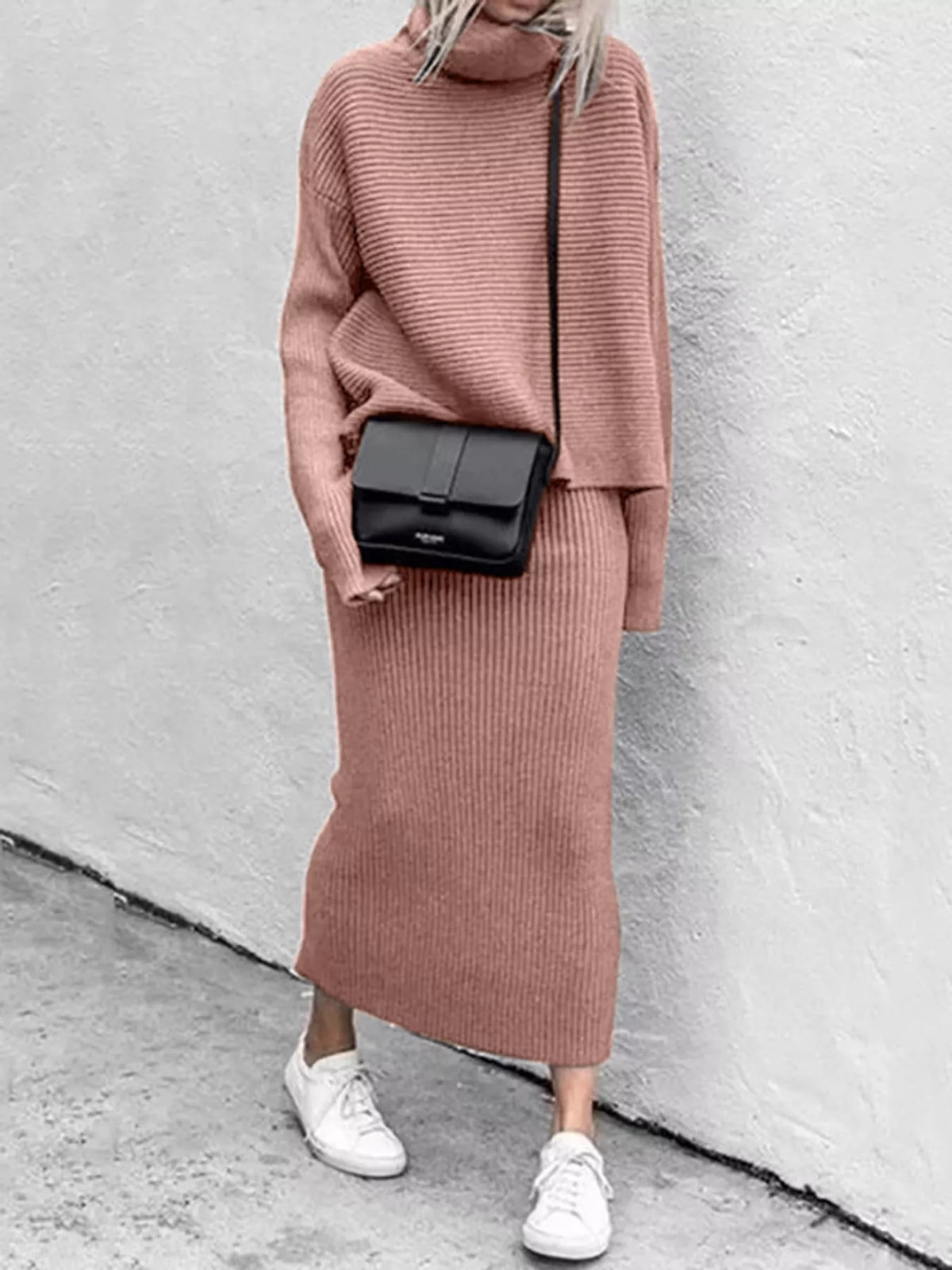 Ribbed Turtleneck Sweater Set Matching Midi Skirt