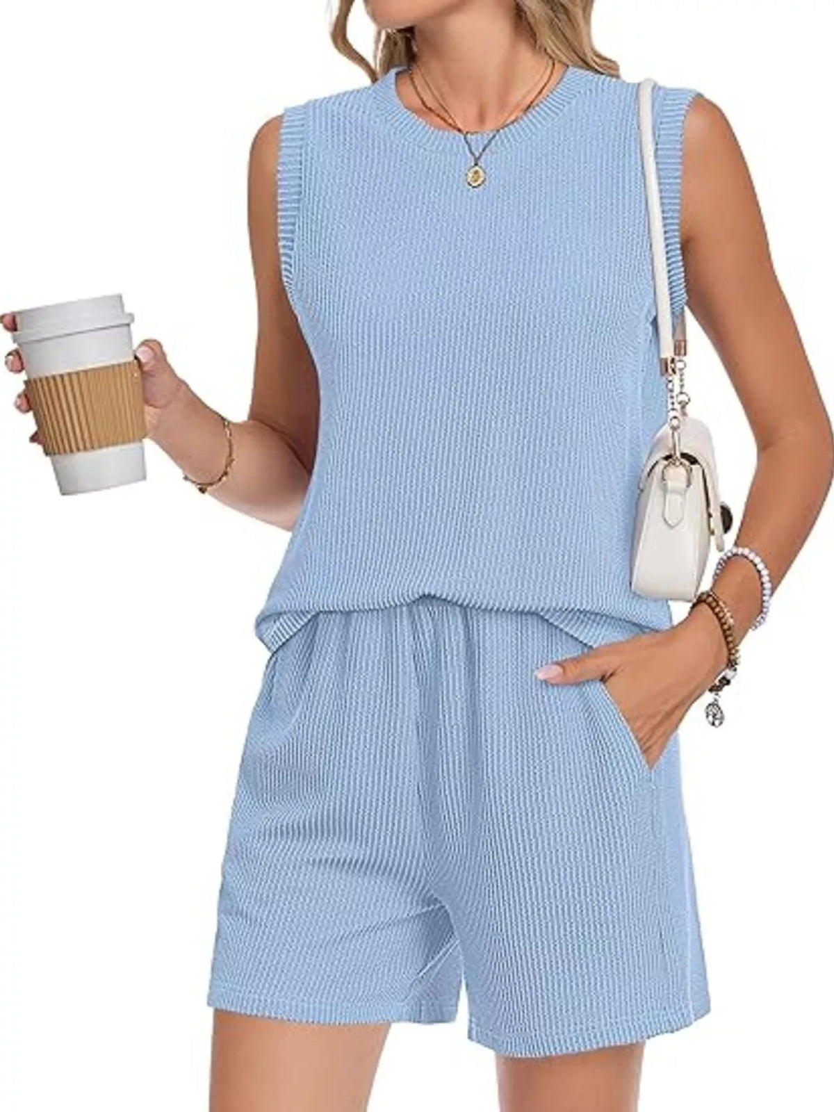 Casual Ribbed Knit Sleeveless Top Shorts Set (16)
