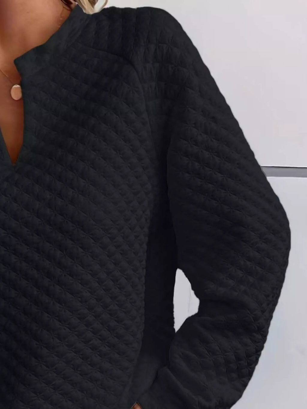 Quilted Texture Long Sleeve Sweatshirt Notched Neck (23)