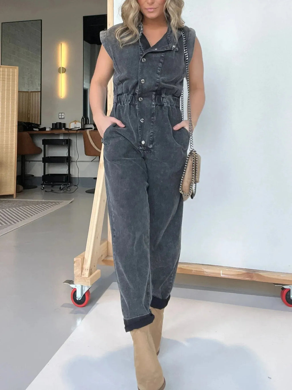 Full Size Button Front Cap Sleeve Denim Jumpsuit Plus (2)
