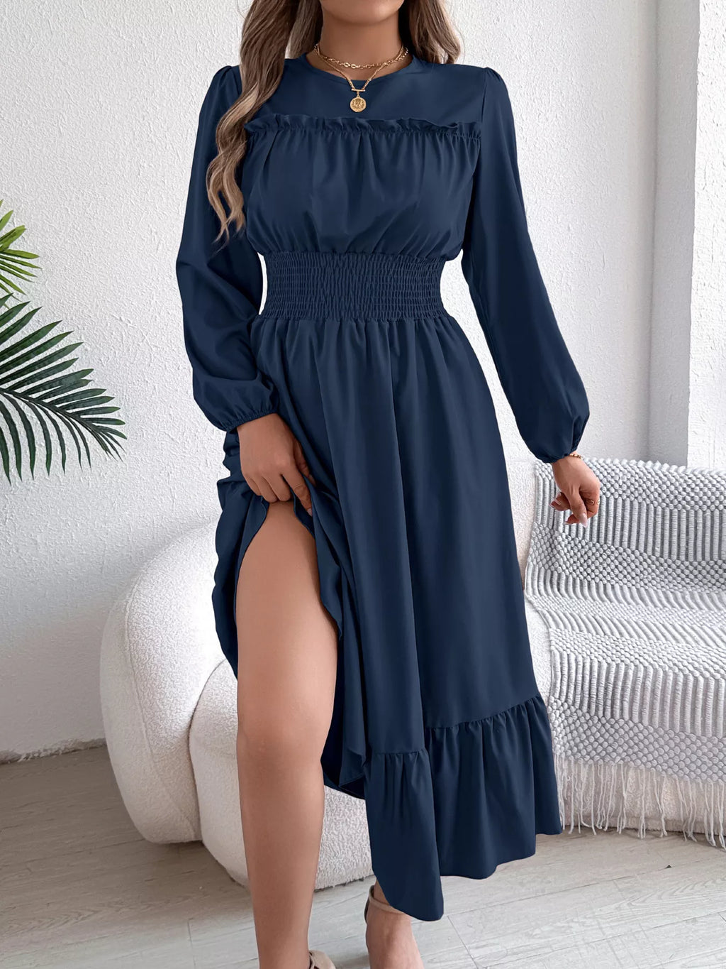 Round Neck Balloon Sleeve Tiered Dress (19)