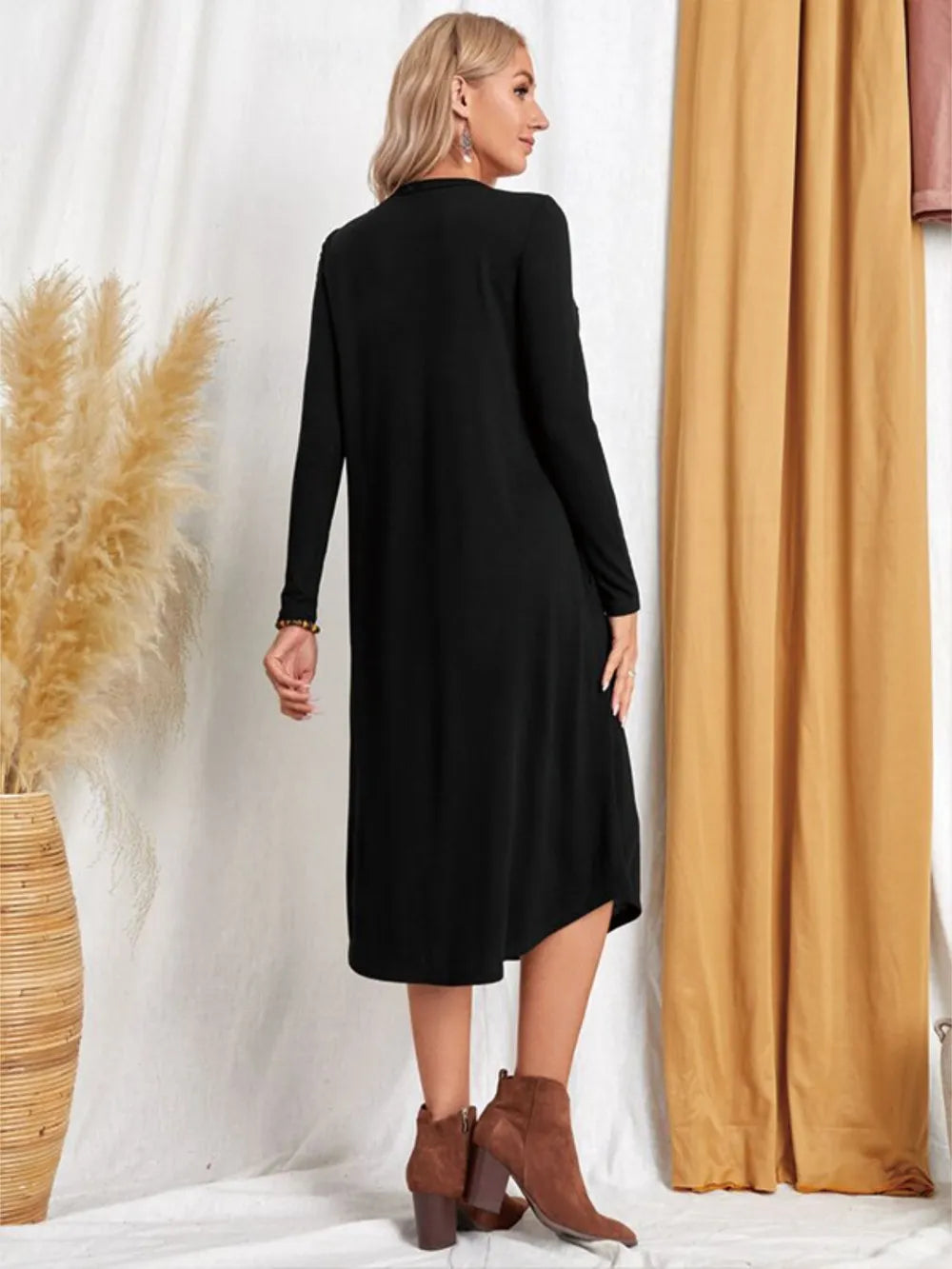 Pocketed Round Neck Long Sleeve Tee Dress (12)