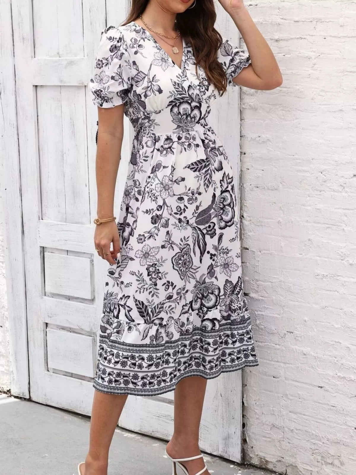 Floral Print Puff Sleeve Wrap Midi Dress (29)