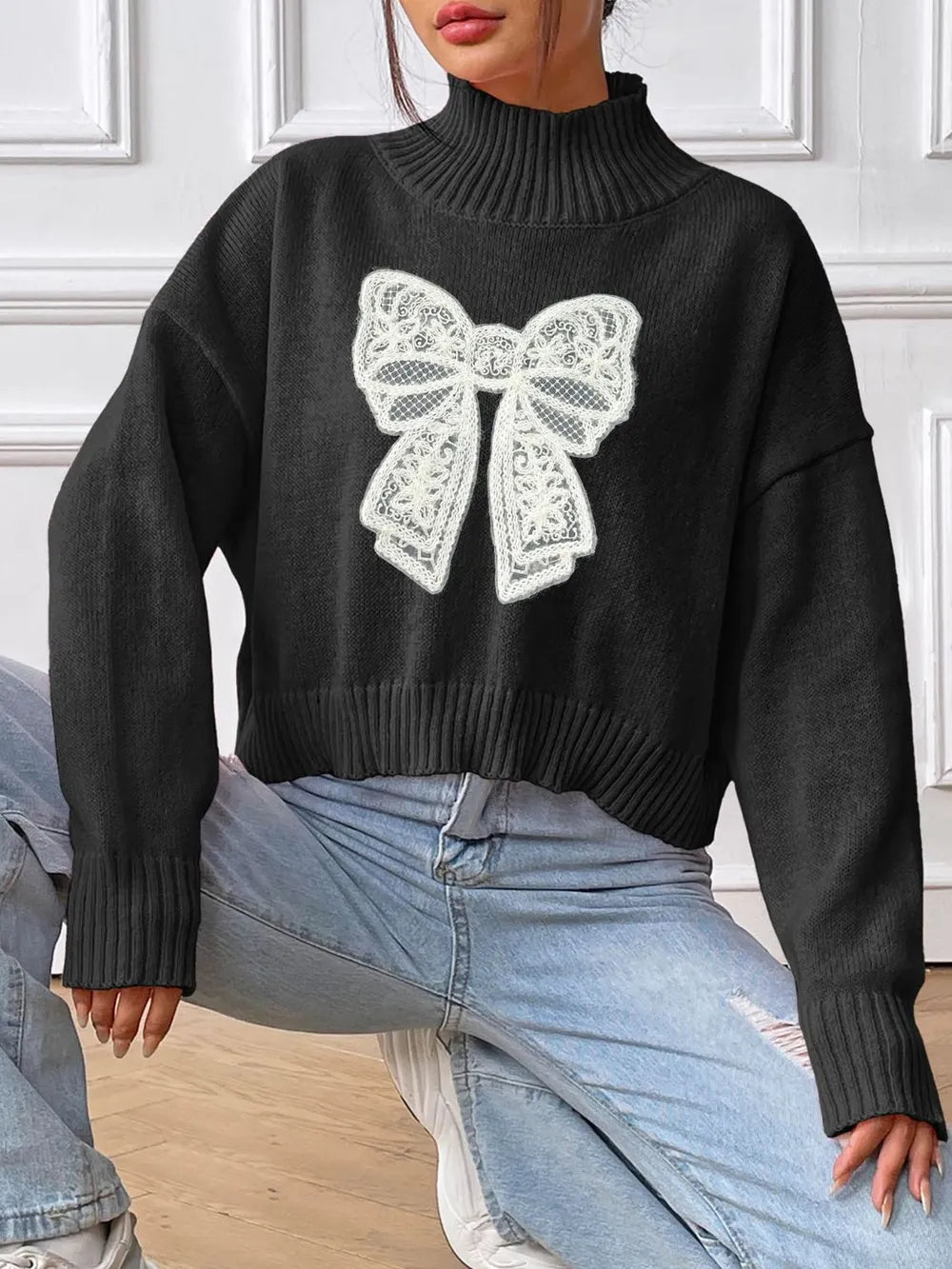Bow Turtleneck Long Sleeve Sweater (3)