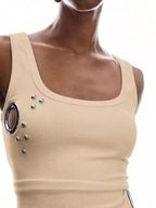 Ribbed Tank Top Metal Grommet Cutouts Stud Embellishments (14)
