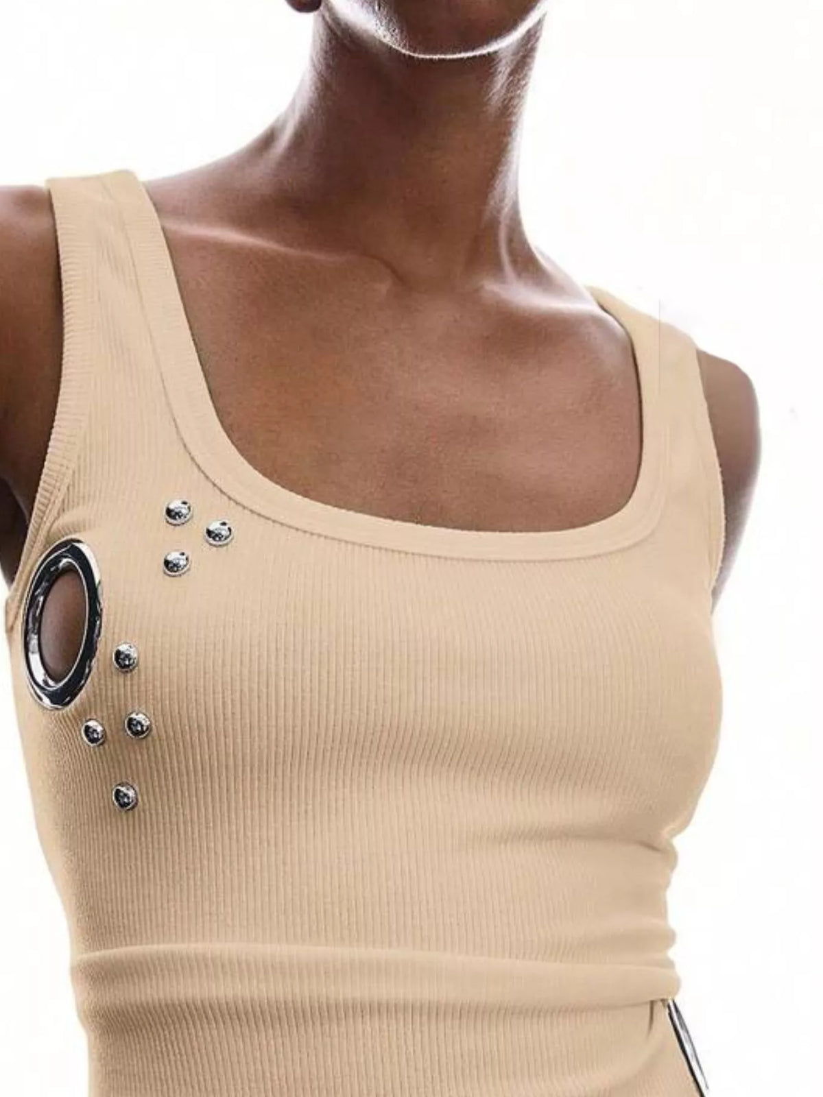 Ribbed Tank Top Metal Grommet Cutouts Stud Embellishments (14)