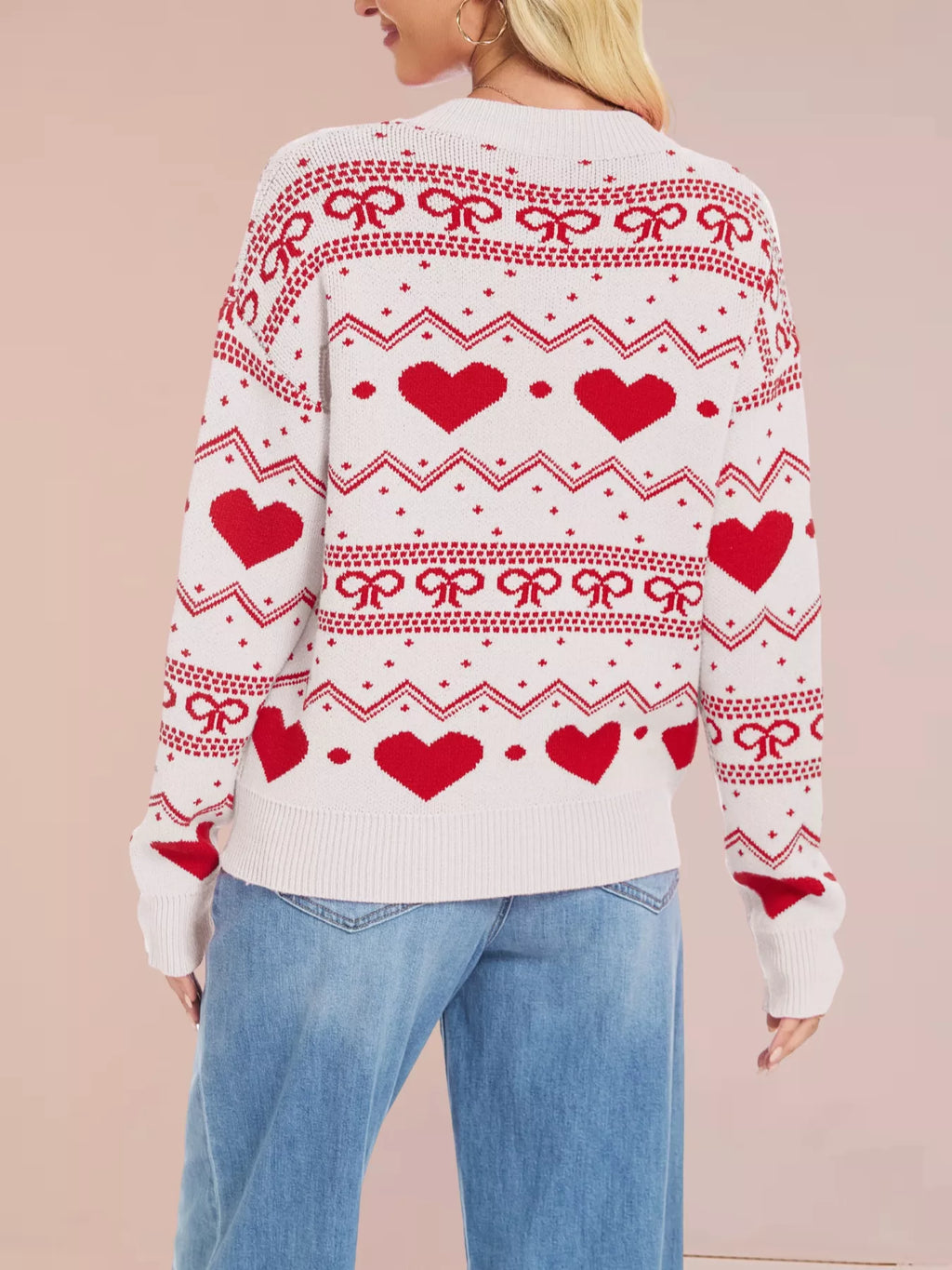 Heart Bow Pattern Round Neck Sweater (12)