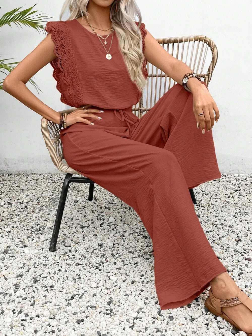 Lace Trim Round Neck Top Pants Set (9)