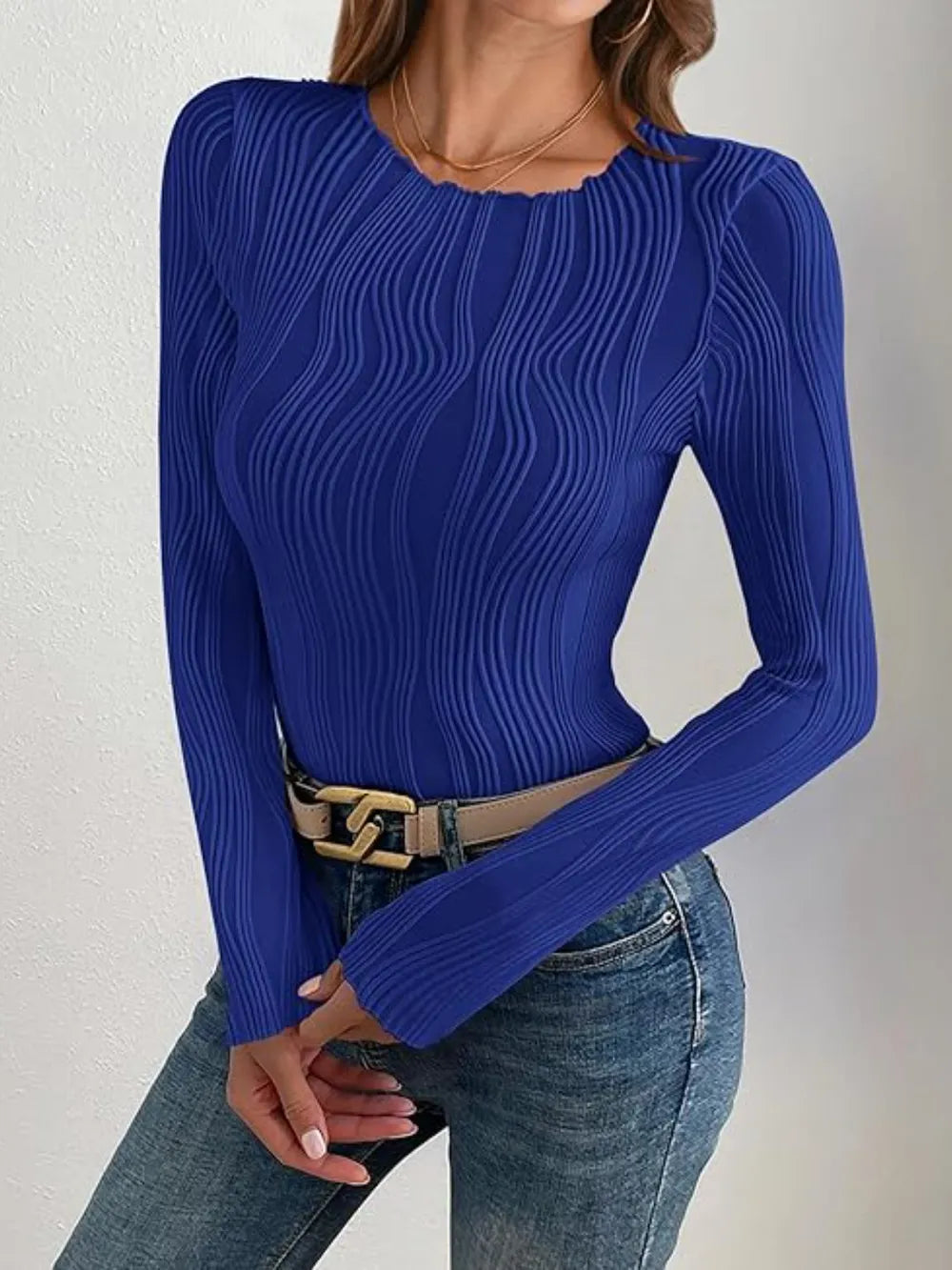 Textured Round Neck Long Sleeve Top (18)