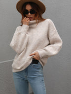 High Neck Balloon Sleeve Rib-knit Pullover Sweater (22)