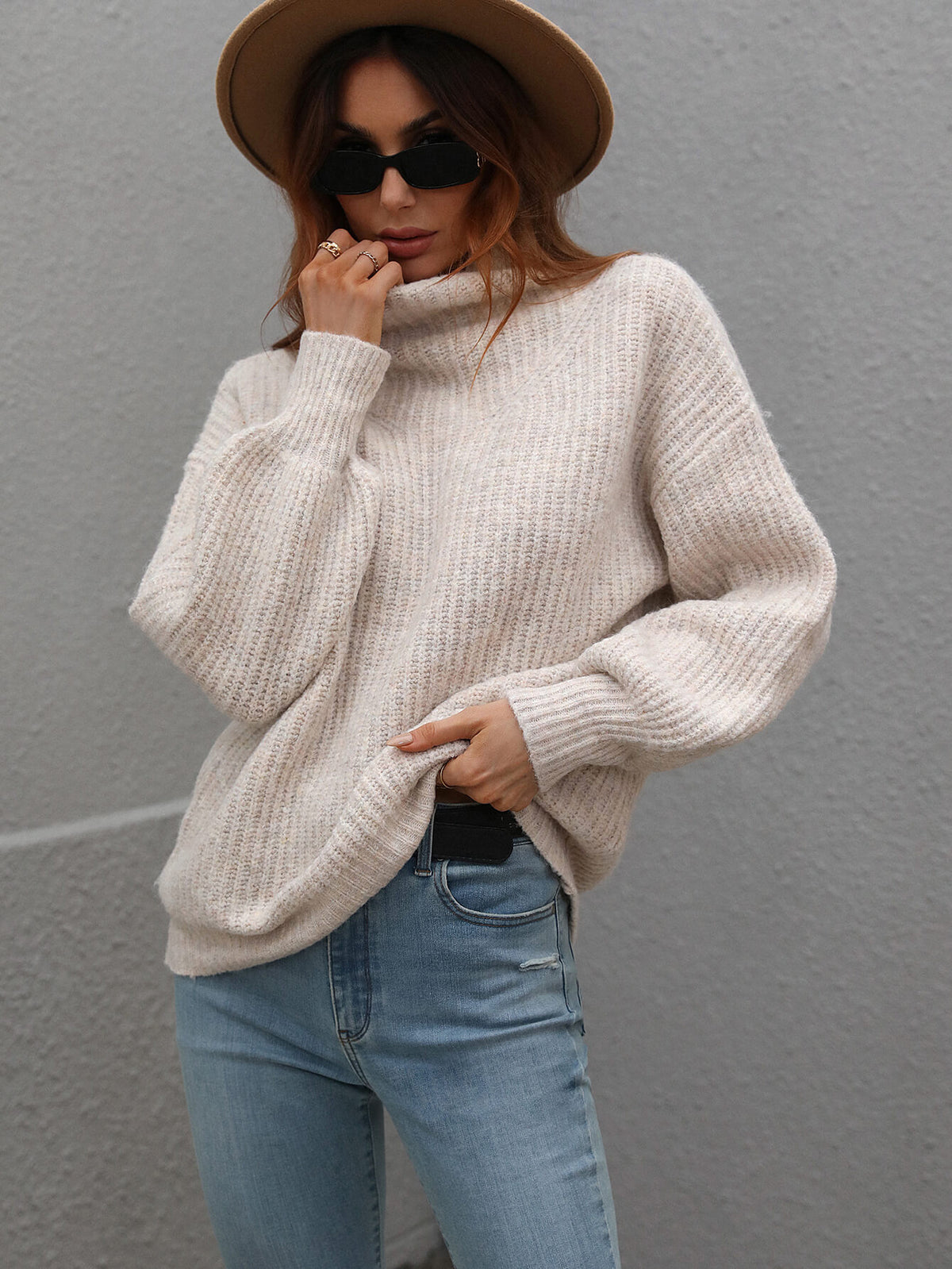 High Neck Balloon Sleeve Rib-knit Pullover Sweater (22)