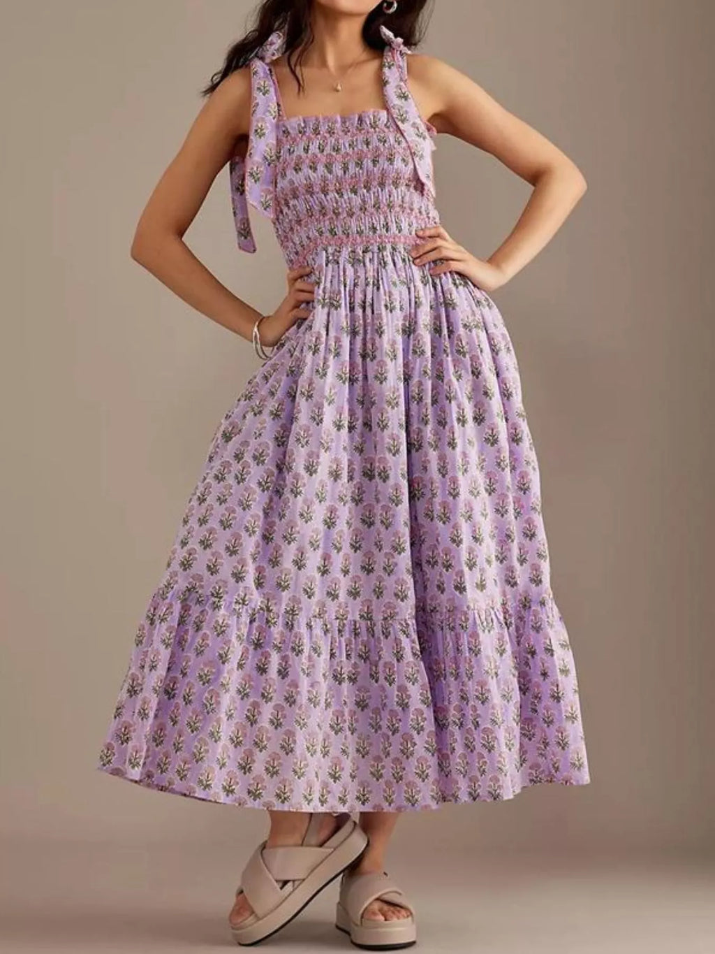 Floral Smocked Tie-shoulder Midi Dress (6)