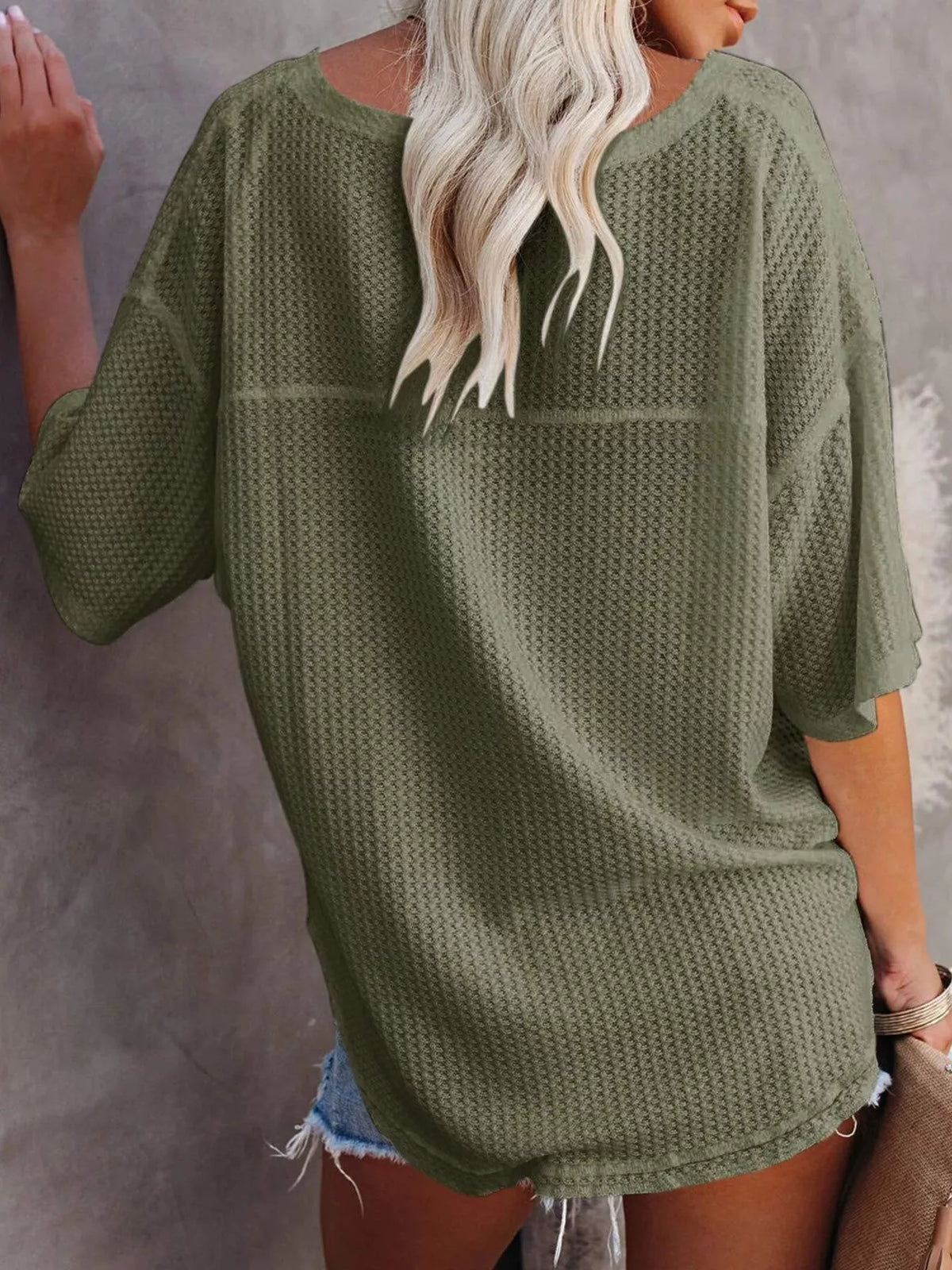Waffle Knit V-neck Short Sleeve T-shirt (28)