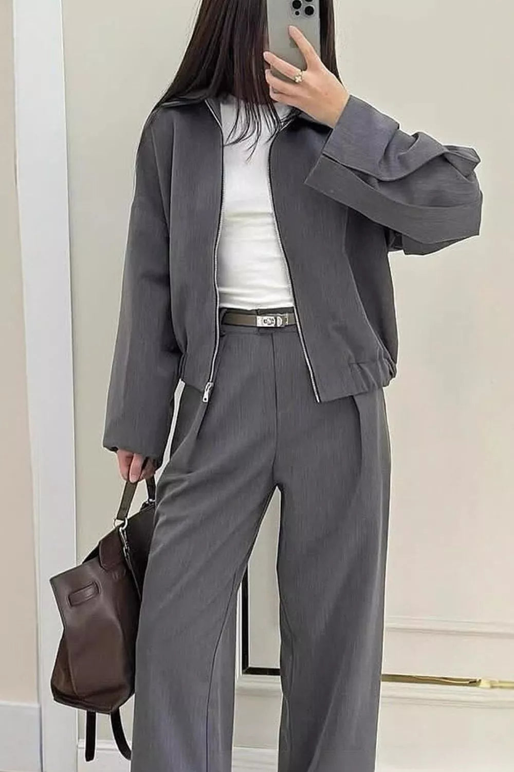 Zip-up Jacket Wide-leg Pants Set (5)