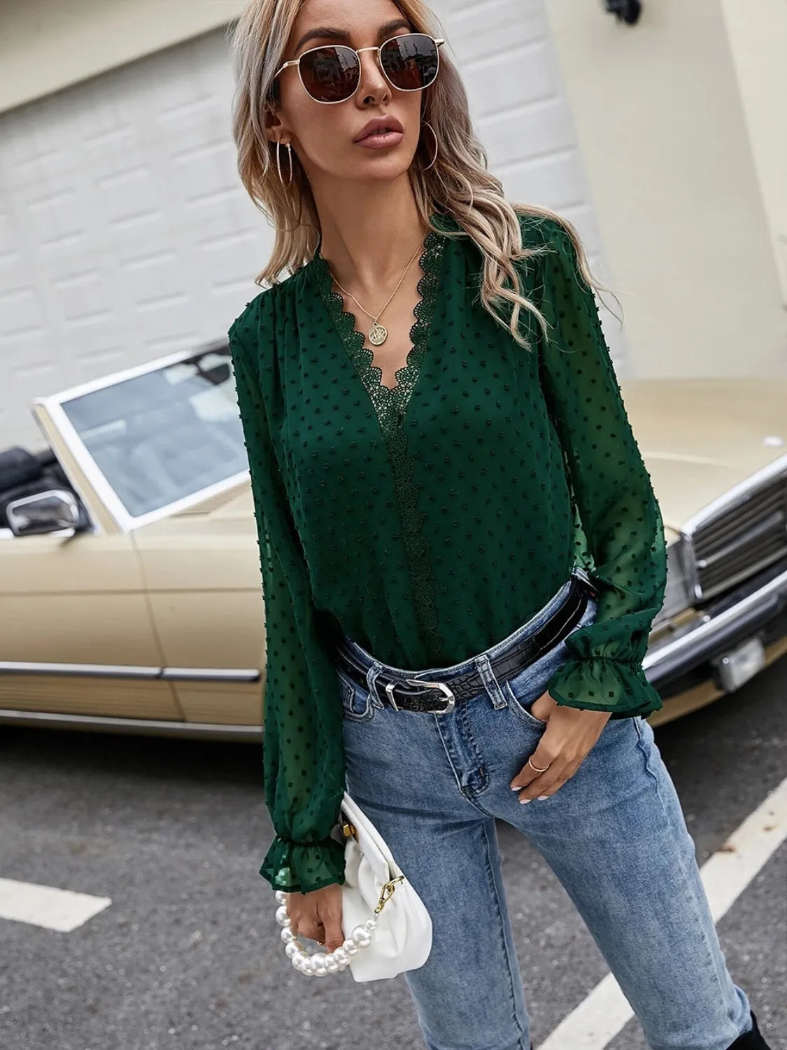 Lace Detail V-neck Swiss Dot Blouse (14)