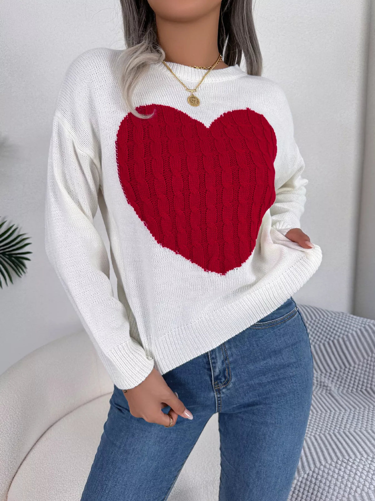 Cable Knit Heart Round Neck Sweater (17)
