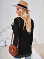 Crochet Contrast V-neck Long Sleeve Slit T-shirt (8)