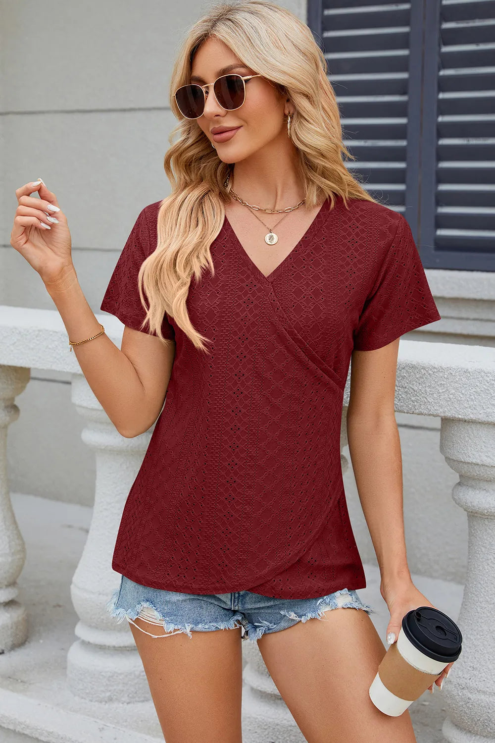 Eyelet Surplice Short Sleeve T-shirt (4)