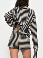 Striped Long-sleeve Top Shorts Set (3)