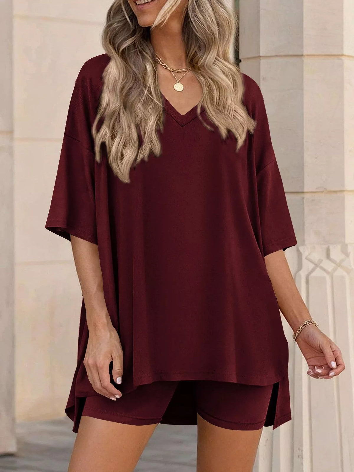 Full Size Casual Loose V-neck T-shirt Shorts Set Plus (20)