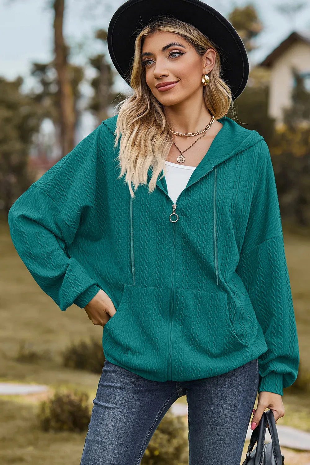 Drawstring Zip Up Dropped Shoulder Hoodie (4)