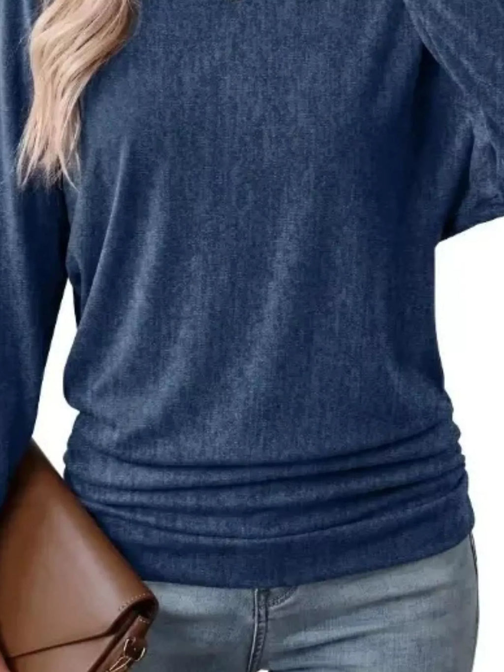 Long Sleeve Crew Neck Casual T-shirt Ruched Hem (22)