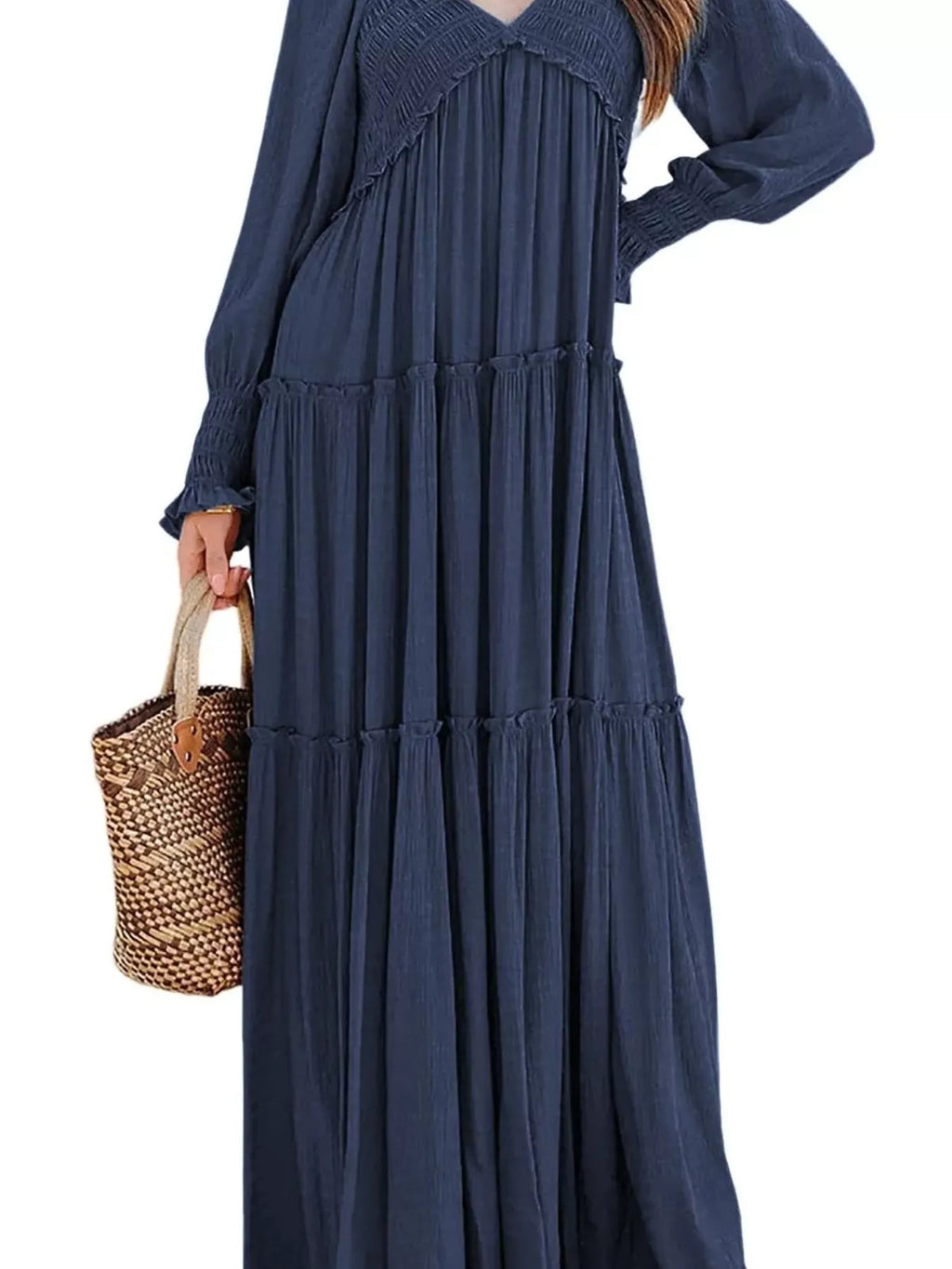 V-neck Long Sleeve Tiered Maxi Dress (23)