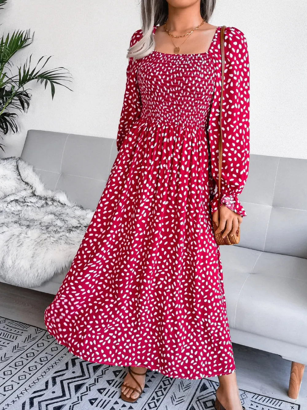 Smocked Square Neck Flounce Sleeve Dress (10)