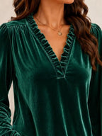 V-neck Ruffle Trim Velvet Blouse (14)