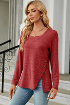 Slit Decorative Button Square Neck T-shirt (3)