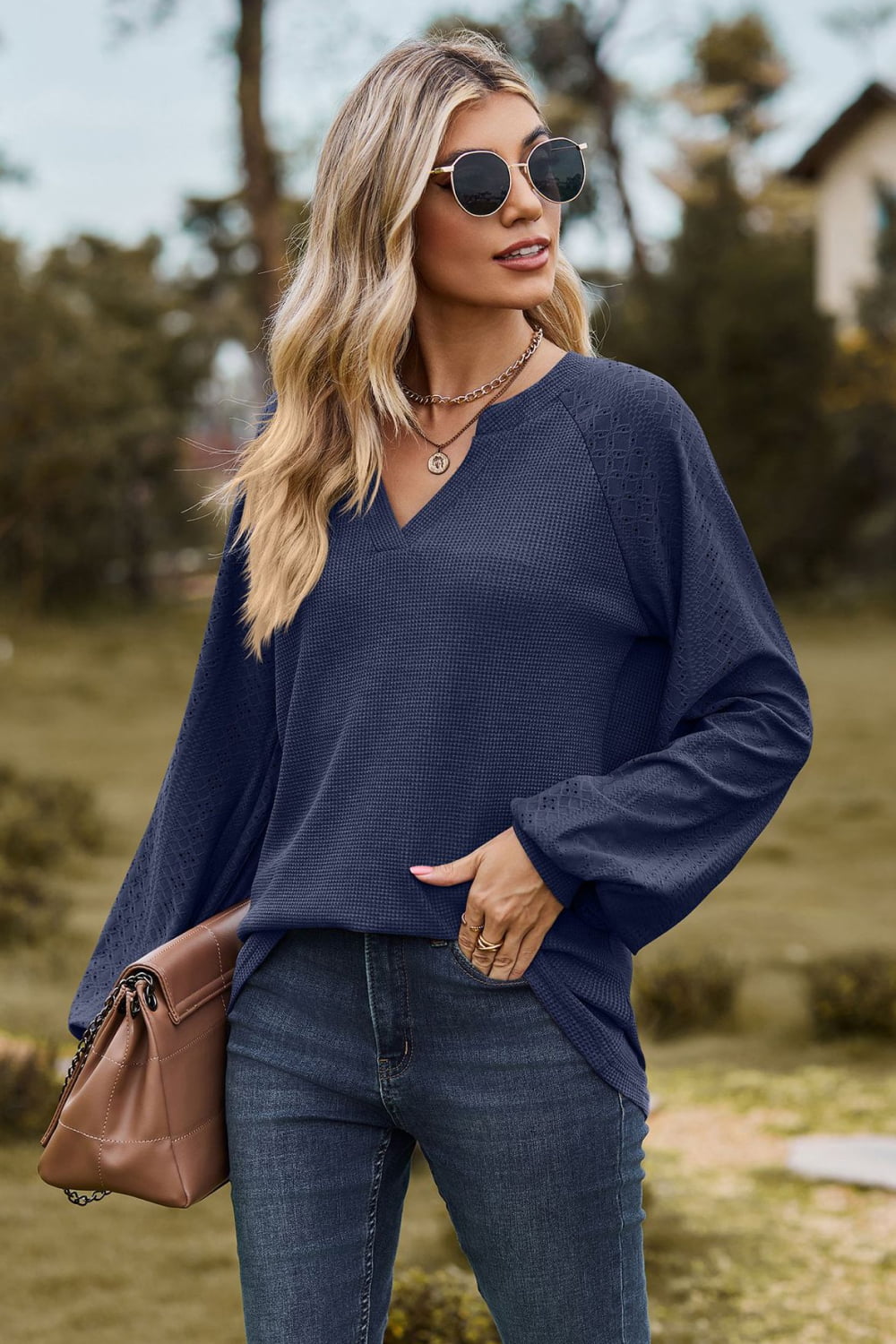 Notched Neck Raglan Sleeve Blouse (8)